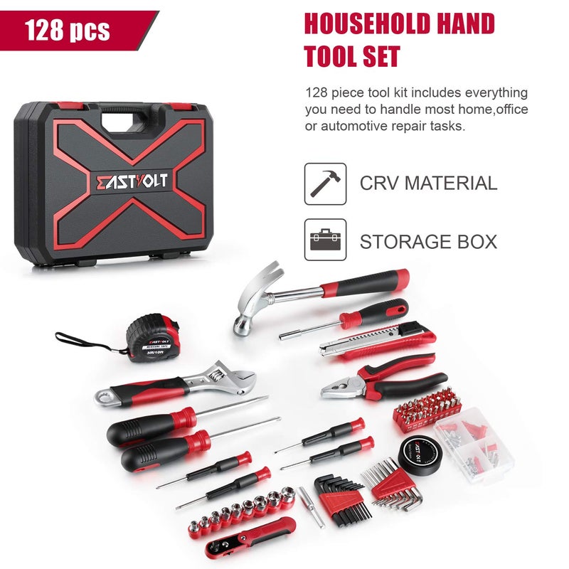 Eastvolt 128-Piece Home Repair Tool Set  Tool Sets for Homeowners  General Household Hand Tool Set with Storage Toolbox  EVHT12801  Black + Red (ASK01) - Image 2